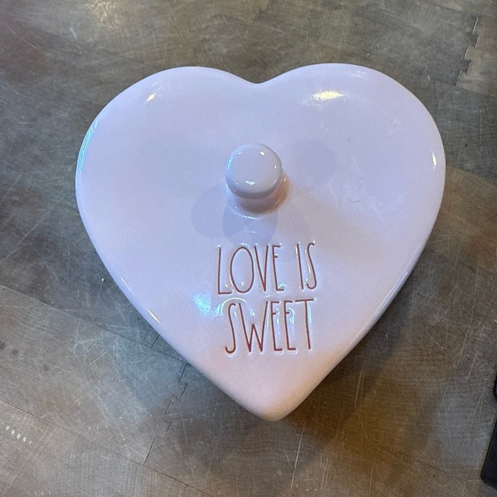 Rae Dunn Pink Heart Shaped Trinket Box “Love is Sweet” jewelry Dish with Lid